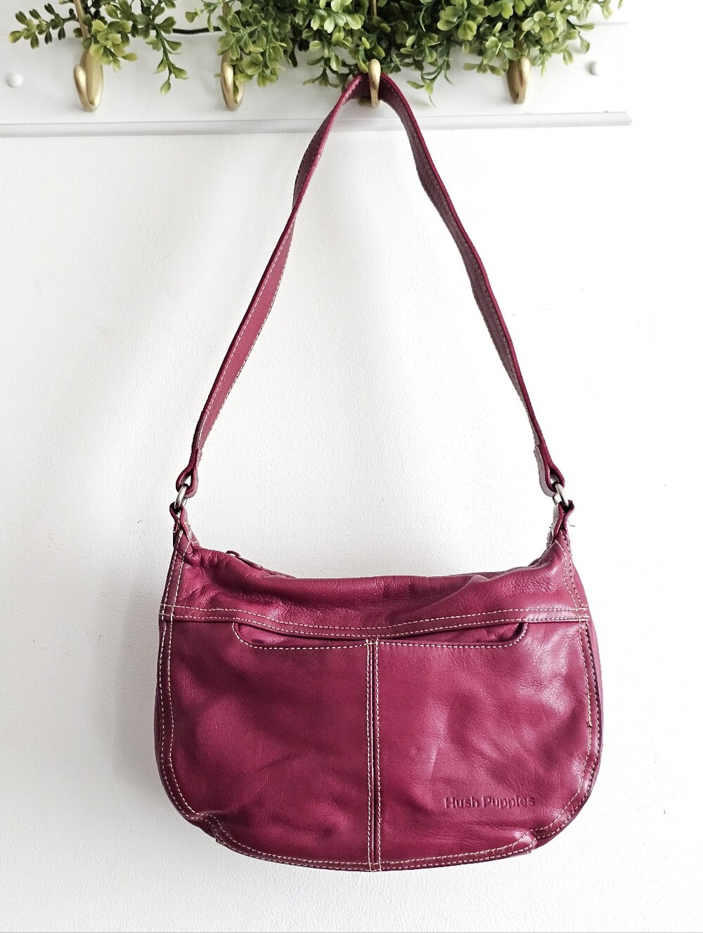 Y2K Hush Puppies Genuine Leather Burgundy Magenta Shoulder Hobo Bag Purse